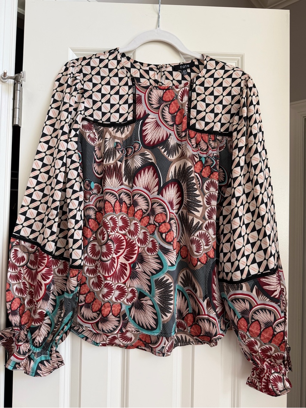 FATE Boho Mixed Print Geometric Patchwork Blouse Balloon Sleeve Silky Fall Top M